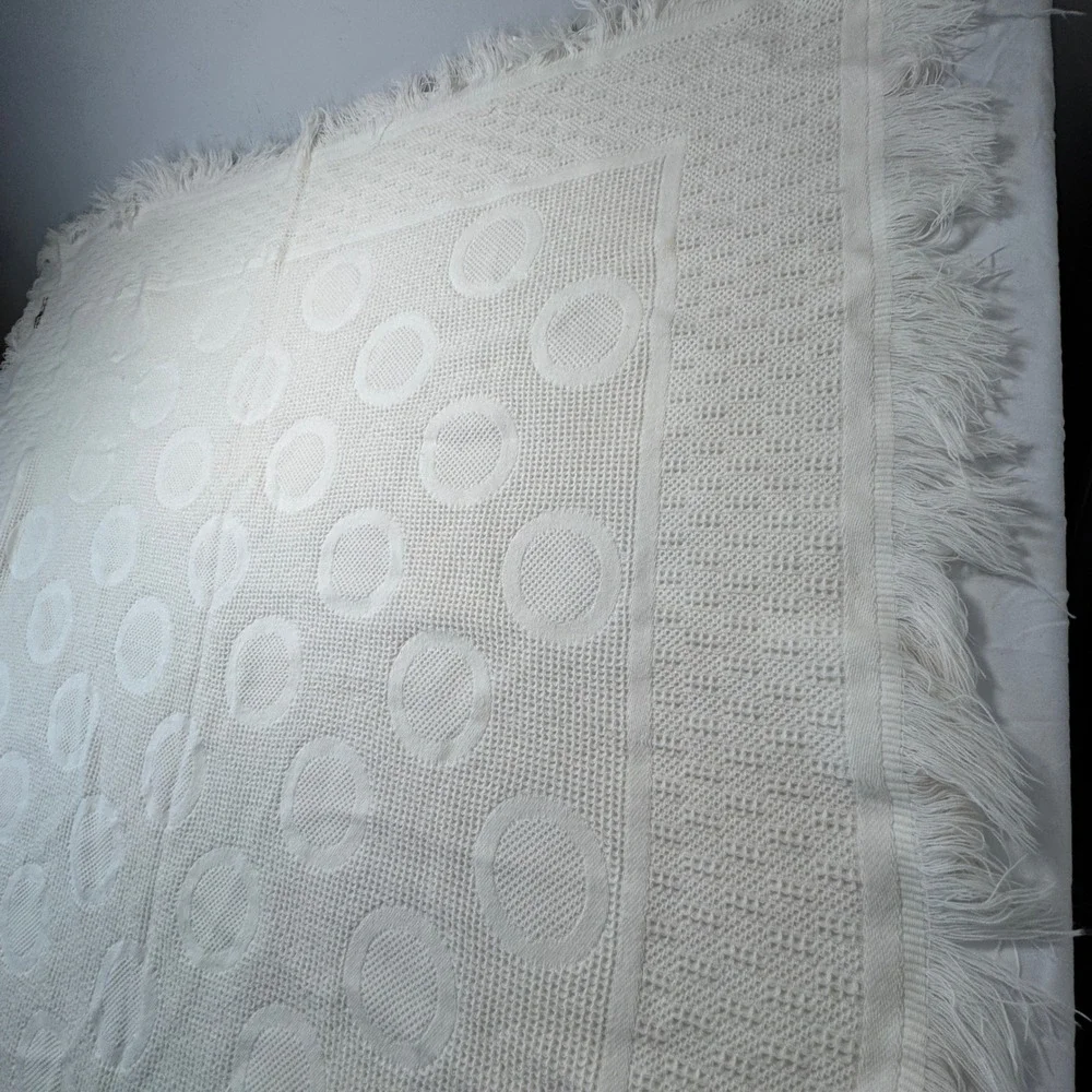 Vintage  Fringe Throw Blanket Leacril Milano Acrylic White Polka Dot 46x43 Italy